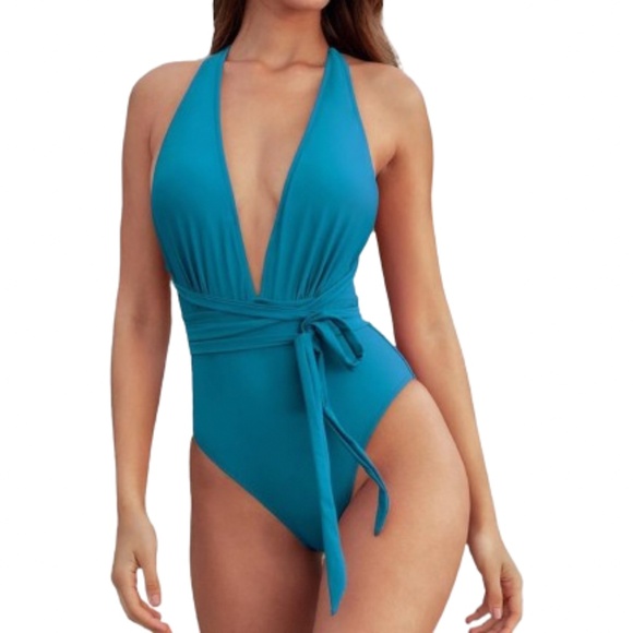 Women’s One Piece Deep V Neck Crisscross Back Self Tie Bathing Suit - Picture 1 of 7